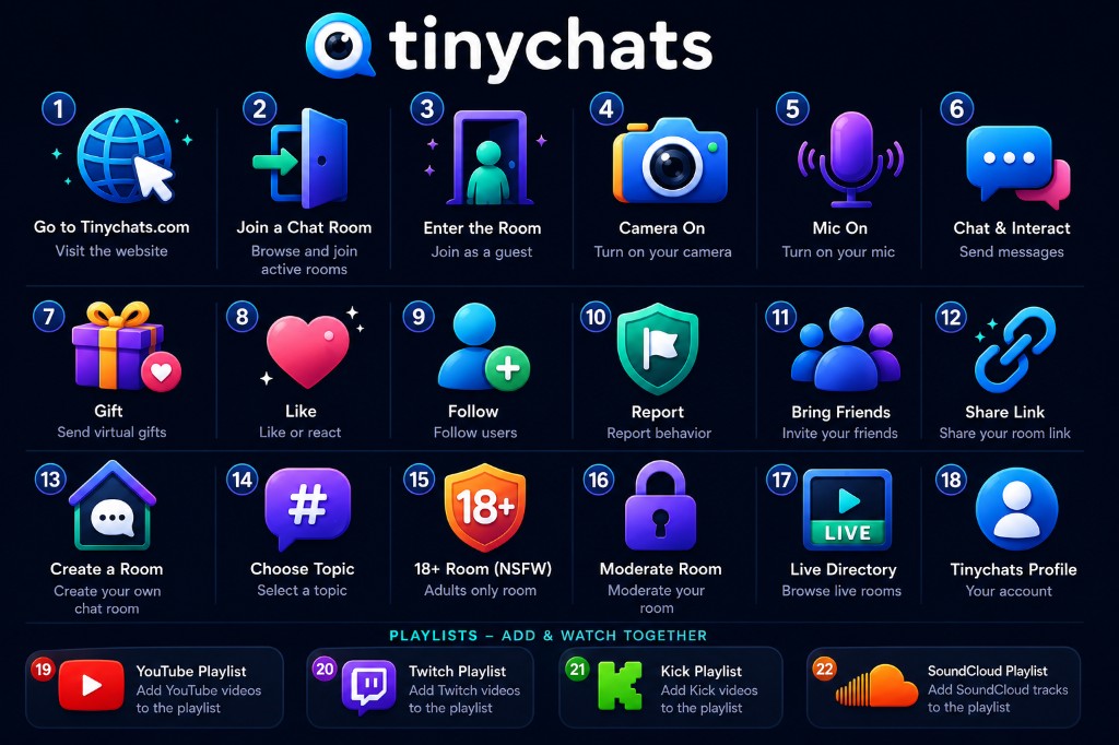 TinyChats step-by-step guide: join rooms, go live, chat, gift, host your room, and watch playlists together